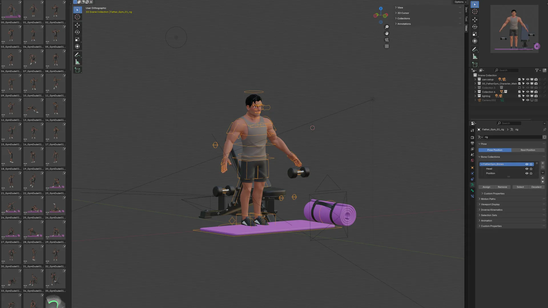 Cartoon Sports Gym Fitness Man 3D model in Blender workspace with gym assets